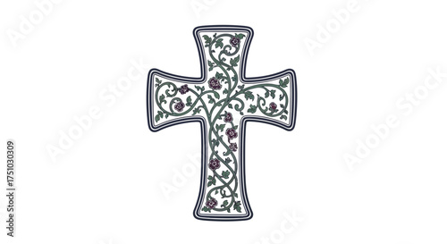 Ornamental floral cross design adorned with intricate plant and rose motifs for graphic uses