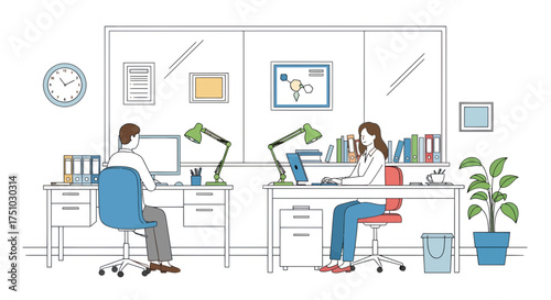 Office setting with colleagues working, showcasing a clean, organized and modern work environment