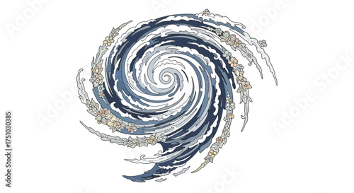 Ornamental stylized vortex illustration blending water currents and floral embellishments design