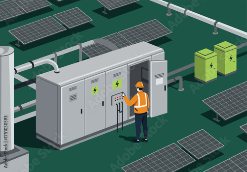 Engineer in safety vest manages energy systems at a modern solar farm with battery storage units nearby