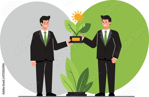 Two professionals in suits exchange a compact solar panel device beside a growing plant under a shining sun