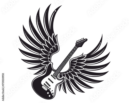 A black and white illustration of an electric guitar with large, spread angel wings emanating from its body