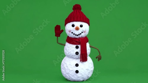 Waving Christmas Snowman on a Green Screen Background for Chroma Key