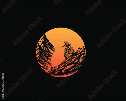 A circular graphic depicts a dramatic sunset over rugged mountains with a stylized, fiery orange glow against a black background