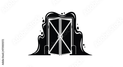 Mysterious dark portal opens with swirling ink splashes, inviting entry into the unknown.