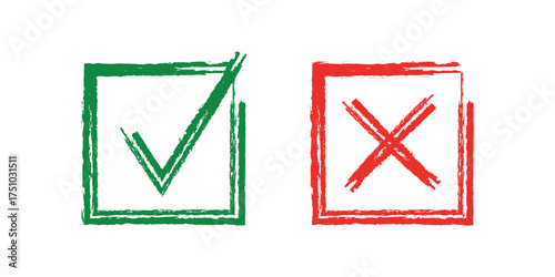 Hand Drawn Green Check Mark and Red Cross Icon Set, Sketch Style Yes No Choice Vector Illustration