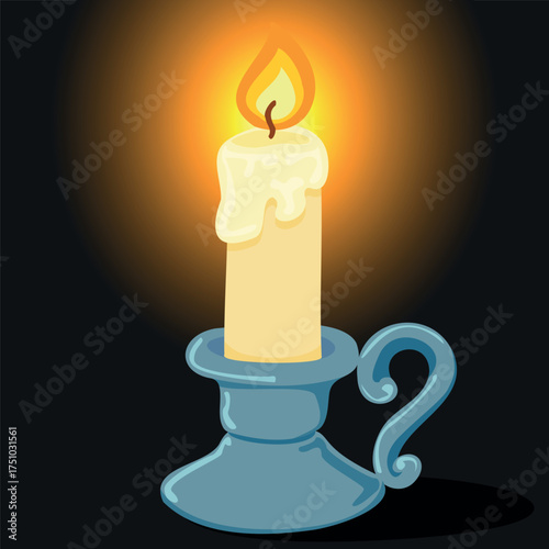 burning candle on a dark background. Antique candle holder, candle holder. The vector drawing is isolated. A vintage piece for the interior.