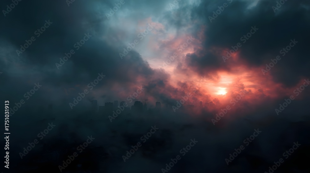Naklejka premium Dramatic sunset behind a city skyline shrouded in dark smoky clouds