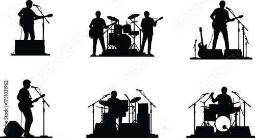 Silhouette icons of musicians performing live, guitar, drums, keyboard, microphone, band concert illustration, music performance vector design for projects