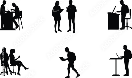 Silhouettes of people using laptops and tablets, modern digital lifestyle, remote work, study, technology integration, vector illustration design