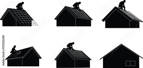 Roof construction worker silhouette, roofing labor, house repair, roof maintenance, construction safety, roofer at work, building renovation, home improvement