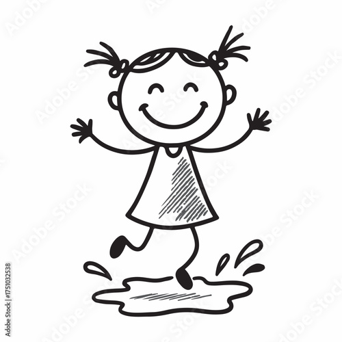 Hand drawn stick figure girl joyfully jumping in a puddle