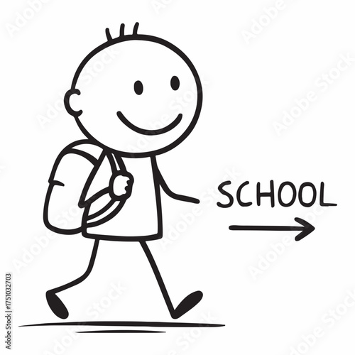 Childlike stick figure boy with backpack heading to school minimal line art