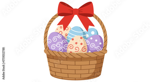 A traditional wicker Easter basket filled with colorful decorated eggs and a red bow.