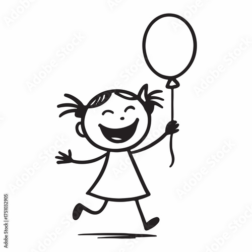 Cute laughing stick figure girl holding a colorful balloon doodle