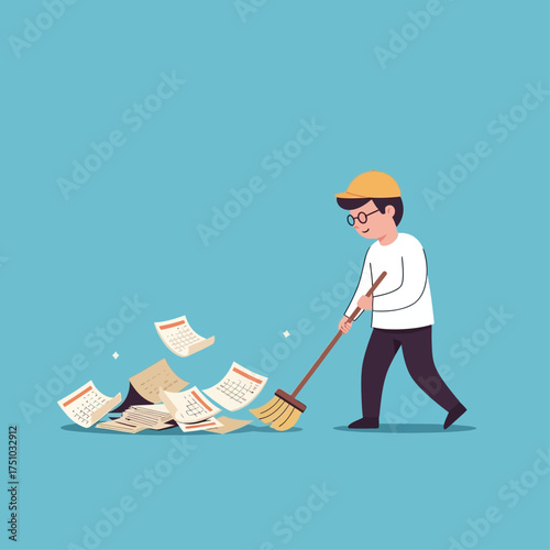 A young man wearing a cap and glasses sweeps up a pile of discarded calendar pages with a broom.