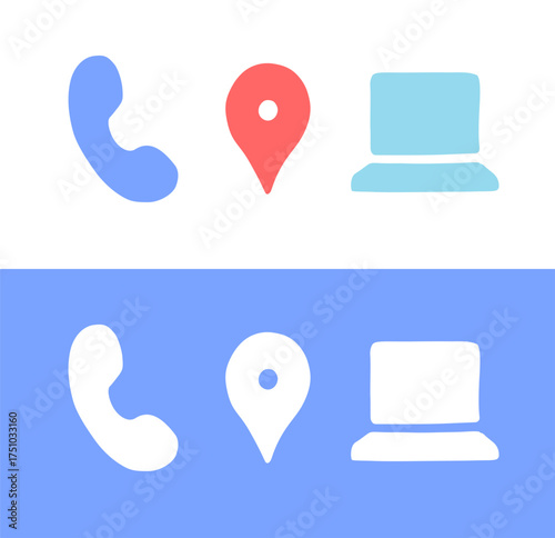 phone number location laptop website doodle flat icons