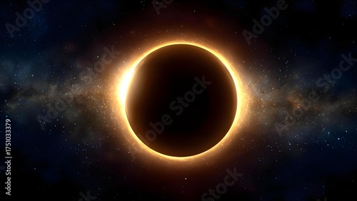 Solar eclipse: a dark moon covers the sun, with a bright glowing corona around the edge in a starry space backdrop. Concept Solar Eclipse, Dark Moon, Corona Glow, Starry Space Backdrop