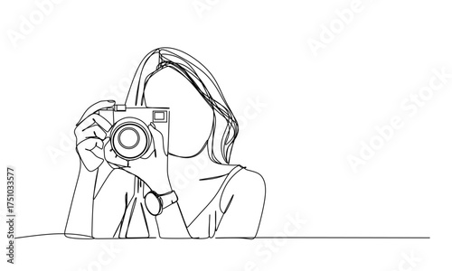 continuous single line drawing of woman with DSLR camera taking pictures