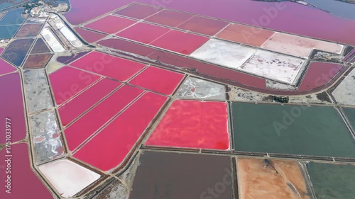 Aerial view of Pink lake salt production
