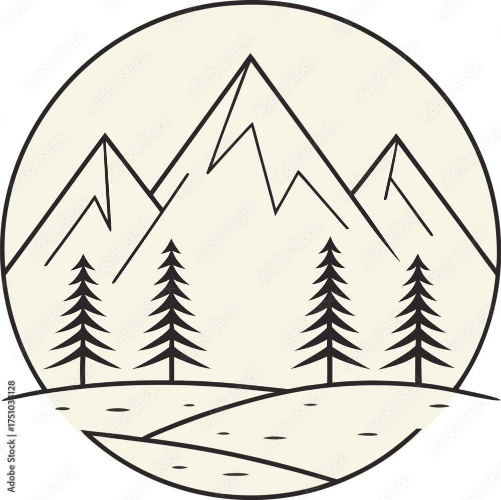 Fototapeta premium Hand drawn mountain landscape with pine trees inside a circle emblem for outdoor adventure