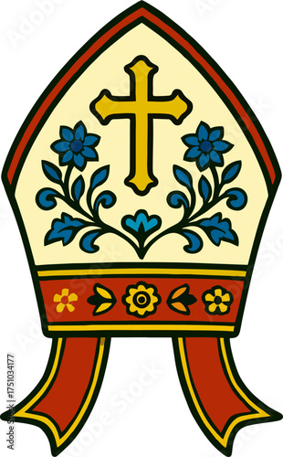 Folk Art Bishop Mitre Vector – Floral Catholic Clergy Hat with Gold Cross and Blue Flowers