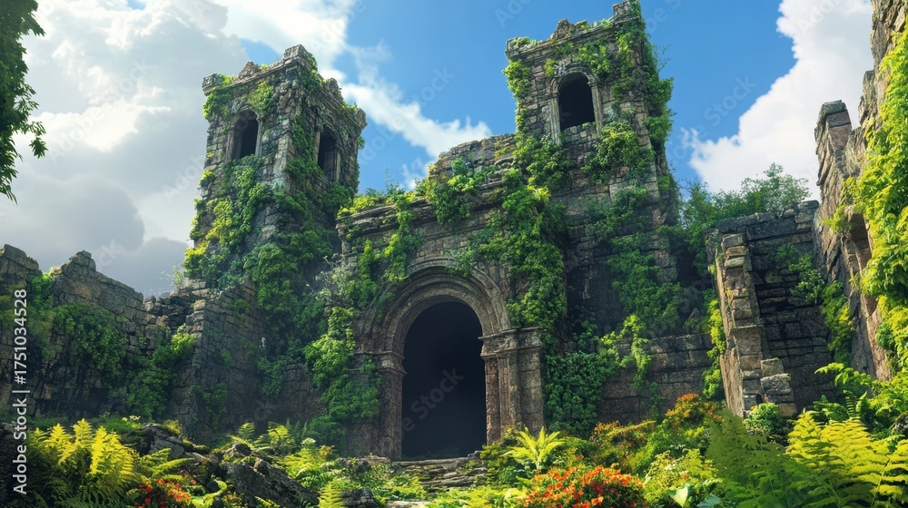 Obraz premium Mysterious ruins of an ancient castle overgrown with vibrant vegetation