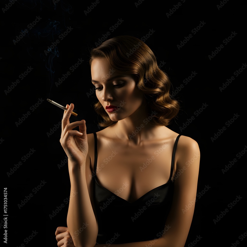 Obraz premium Isolated Medium Close-up of Female Model with Pensive Gaze Holding Long Cigarette - Sophisticated Vixen and Retro Casino Strategy Concept