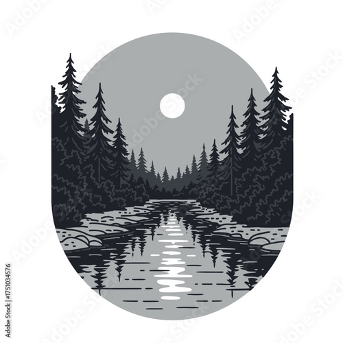 Serene River Flowing Through a Dark Forest Under a Full Moon.