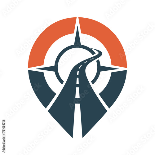Road leading into compass rose pin icon with orange and dark blue colors highway path