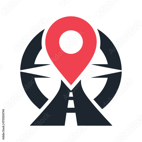 Red location pin icon above stylized road and compass elements marker navigation