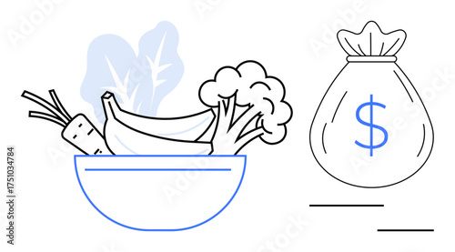 Fresh vegetables and fruits in bowl next to money bag suggesting cost of healthy eating. Ideal for nutrition, budgeting, health awareness, savings focus, grocery planning, sustainability, financial