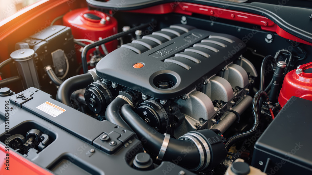 Fototapeta premium High performance engine with sleek design, showcasing advanced engineering and technology. Ideal for automotive enthusiasts and car lovers
