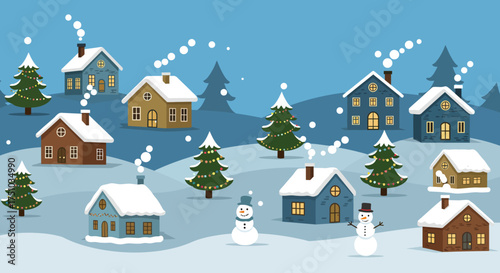 Charming cartoon village scene in winter with snow-covered houses, pine trees, and snowmen.