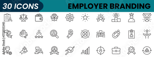 Set of 30 outline icons related to employer branding. Linear icon collection. Editable stroke. Vector illustration