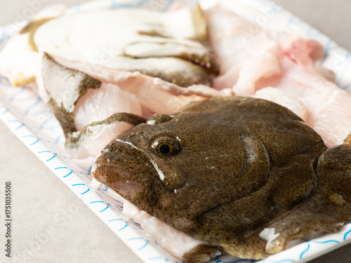 Photos Cut flounder ingredients, uncooked food