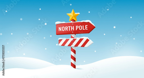 A red and white striped signpost pointing to the North Pole in a snowy winter landscape with a star on top.