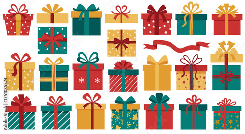 A colorful collection of various gift boxes and presents with decorative ribbons and bows, isolated on a white background.