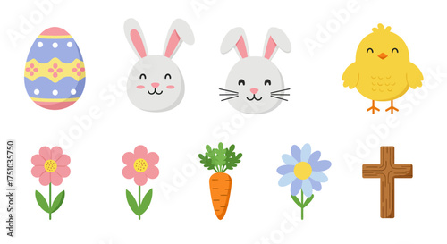 A cute collection of Easter holiday icons featuring a decorated egg, bunnies, a chick, flowers, a carrot, and a cross.