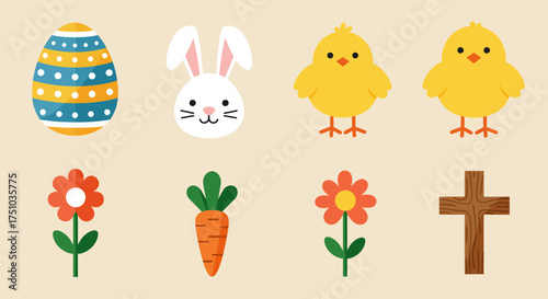 A collection of cute Easter holiday symbols including an egg, bunny, chicks, and a cross.