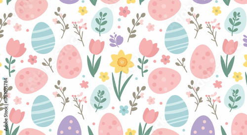 Seamless Easter pattern with colorful decorated eggs, tulips, and daffodils on a white background.