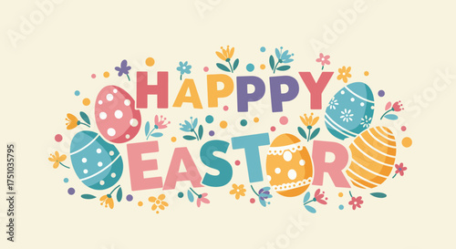 Colorful 'Happy Easter' text surrounded by decorated Easter eggs and spring flowers on a light background.