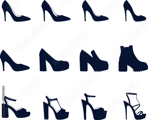 high heel shoe silhouette vector set showcasing diverse styles for fashion branding and apparel design ideas