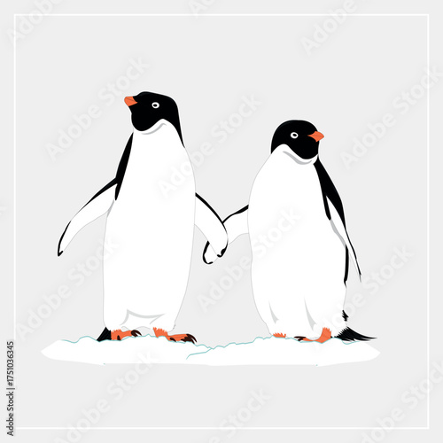 Charming illustration of two penguins holding flippers on ice, symbolizing friendship and Antarctic companionship
