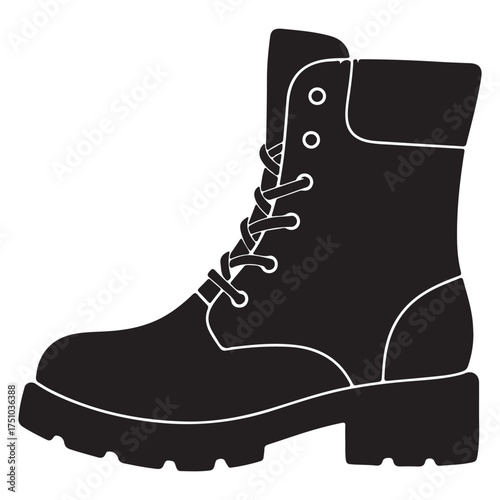 Black silhouette of a lace up boot for fashion footwear or work gear and outdoor activity equipment design for websites and illustrations