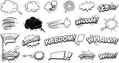 Comic Book Sound Effect Speech Bubbles and Explosions Black and White Graphics boom