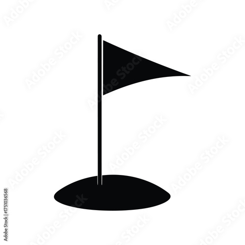 Minimalist black silhouette icon of a golf flag in a hole, symbolizing the final target or objective on a golf course. Perfect for sports-related designs, apps, or scorecards