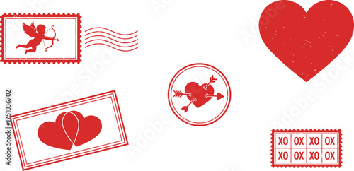 valentines day stamp vector collection featuring hearts, cupid, and xo greetings for romantic card designs