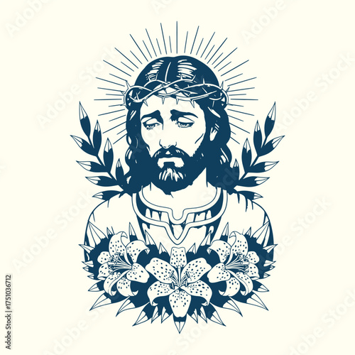 Vintage tattoo style illustration of jesus christ, wearing a crown of thorns, surrounded by flowers and laurel leaves.