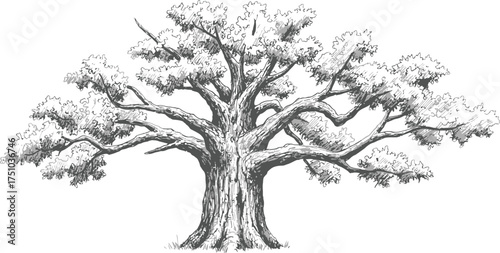 Detailed black and white illustration of a mature oak tree with sprawling branches and textured bark